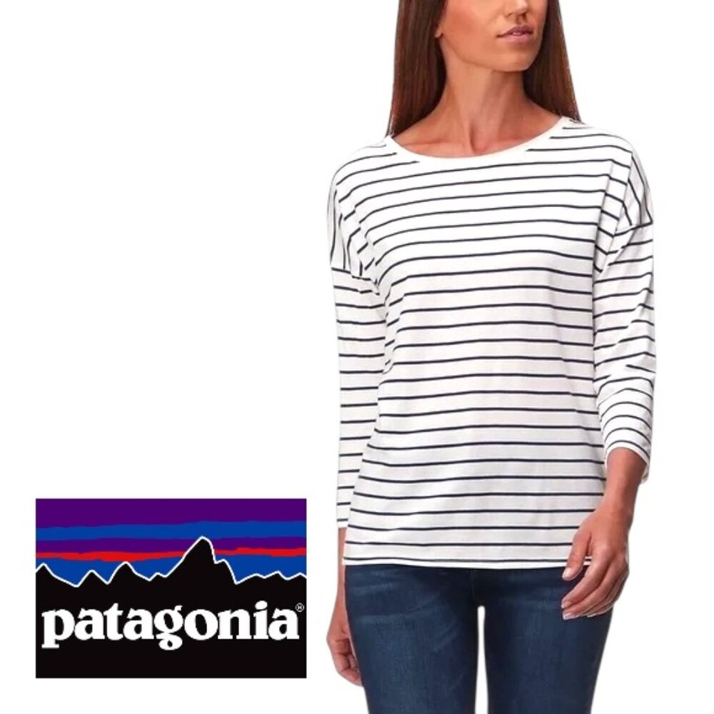 Patagonia 3/4 Sleeve Drop Shoulder Summer Navy White Striped Top Basic Lifestyle